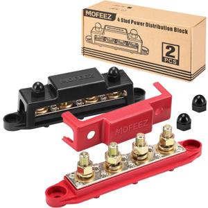 MOFEEZ Power Distribution Block Bus Bar, 4 x 5/16" Posts, 6 x #8 Screws Terminals, Max 48V 250A (Pair, Red & Black)
