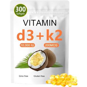 Vitamin D3 K2 10000 IU, 2-in-1 Vitamin D3 K2 Supplement Softgel, 10000 IU VIT D3 + 200 MCG Vitamin K2, Replenish Vitamin D3 K2 Coconut Oil Softgels, Vitamin D3 K2 Supplement Softgel, Best by 07/2026