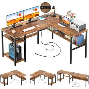 Unikito L Shaped Computer Desk with Magic Power Outlets and USB Charging Ports, Sturdy Reversible Corner Desk with Storage Shelves, Modern Work Desk for Home Office, Easy to Assemble, Rustic Brown
