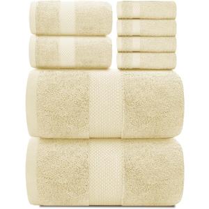 White Classic Luxury Bath Towel Set of 8 Pieces - 100% Turkish Cotton Highly Absorbent Towels for Bathroom, 2 Luxury Bath Towels 700GSM, 2 Hand Towels, 4 Washcloths, Beige