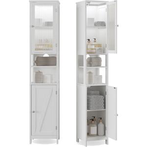 ChooChoo Tall Bathroom Storage Cabinet with Light, 5-Tier Narrow Bathroom Cabinet with 2 Doors, Slim Storage Linen Cabinet Freestanding with Adjustable Shelves for Space Saving, White, 11.8 inches x 11.8 inches x 66.53 inches