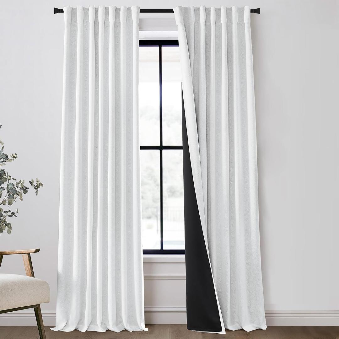 Navy Blue 100% Blackout Linen Curtains 96 Inches Long for Bedroom Living Room Textured Elegant Back Tab Black Out Room Darkening Thermal Insulated Soundproof 2 Panel Sets Dark Blue 52x96 8Ft