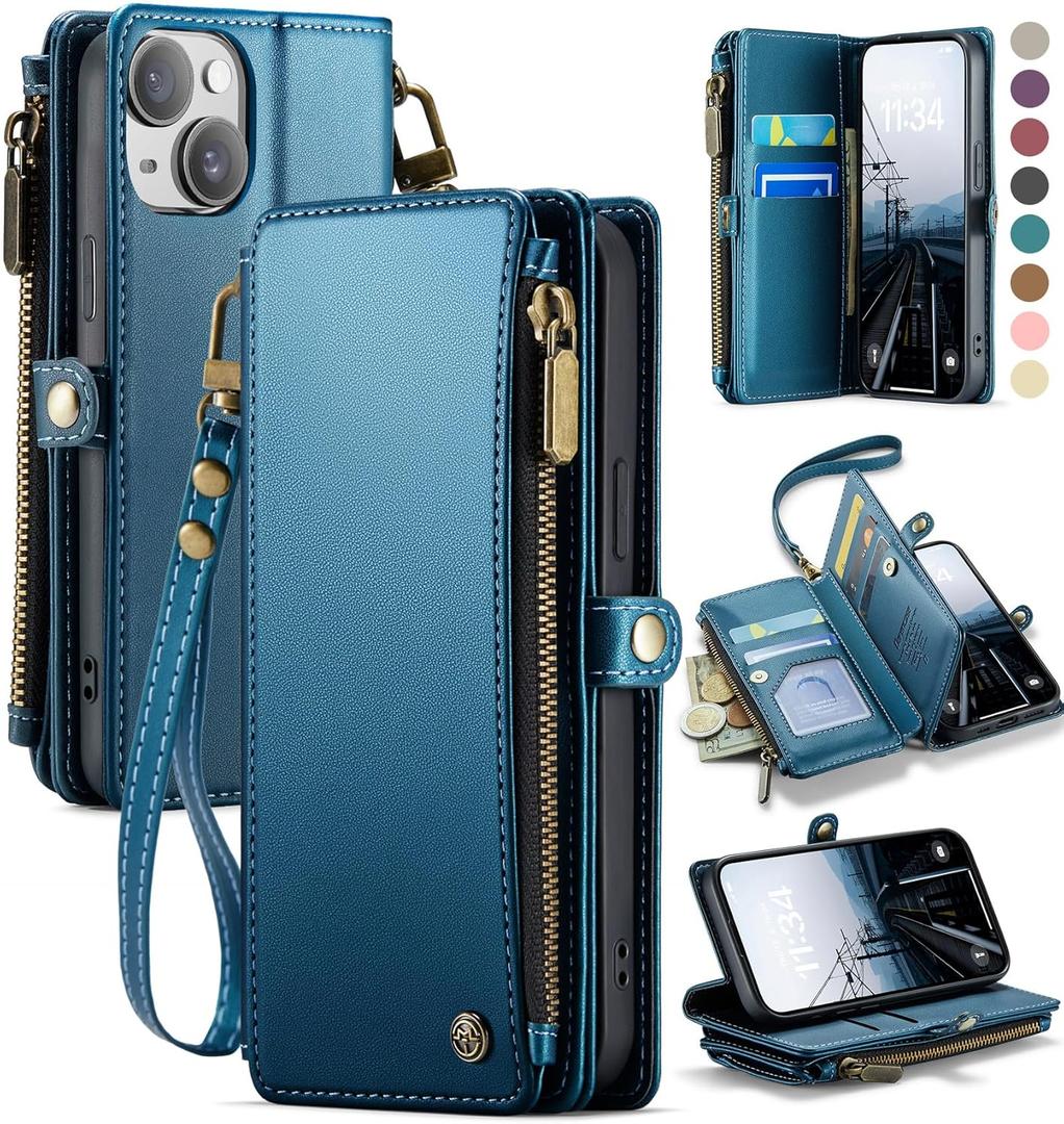 Defencase Compatible with iPhone 14 Case Wallet with RFID Blocking Card Holder for Women and Men, Fashion PU Leather Magnetic Snap Flip Zipper Strap Wallet Phone Case Fit for iPhone 14 6.1", Dark Blue