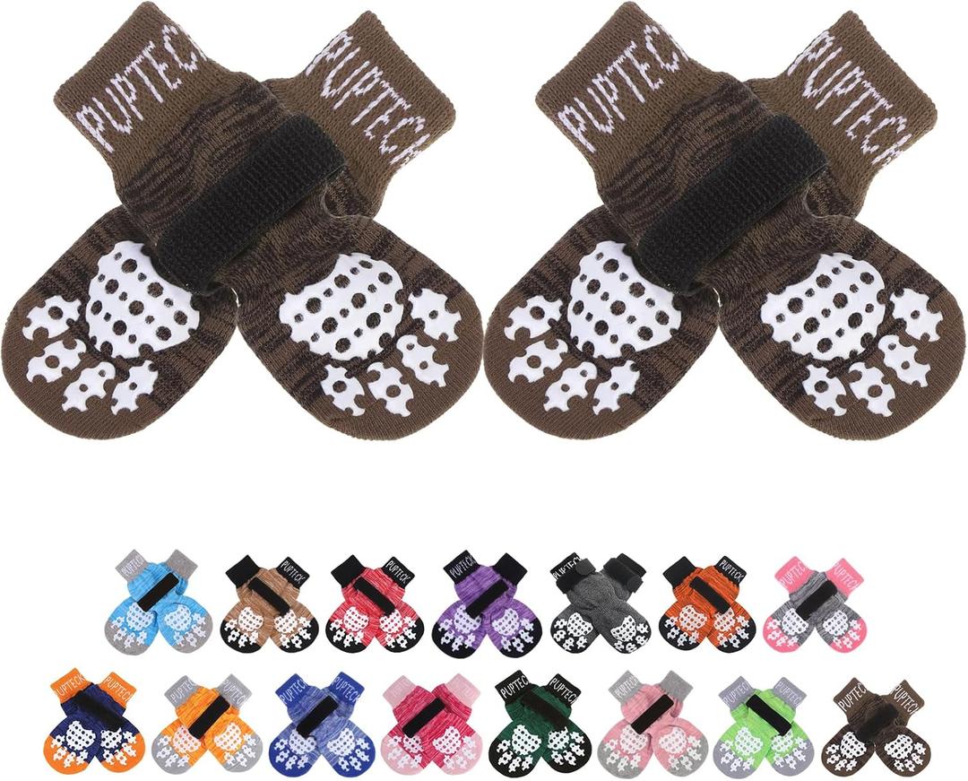 PUPTECK Anti-Slip Dog Socks with Double Sides Grips for Dogs Hardwood Floors Prevents Licking, Dog Shoes for Hot Pavement Traction Control for Senior Dogs, Coffee Brown S (Small (4 Count))