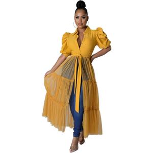 Ekaliy Women Sexy Short Sleeve Bodycon High Low Asymmetrical Ruffle Tunics Blouse Shirt Top Dress (Yellow, M)