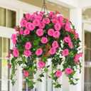 Waipfaru Artificial Hanging Baskets with Flowers, Fake Hanging Plants Outdoors, Urn Fillers for Outside Summer Decor (Fuchsia) (1 Pack)