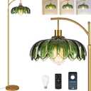 QIYIZM Glass Floor Lamp for Living Room, Bedroom, Gold Dimmable Standing Lamp with Remote, Mid Century Modern Brass Tall Lamp Boho Vintage Retro Floor Lamps Arc Green Flower Floor Light Lamp Bohemian