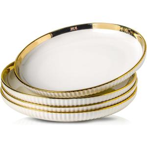 LETAOTAO Dinner Plates, Ceramic dinner Plate Set of 4, 10 inch White Serving Plates with gold trim, Stripe Texture Back, Large Pasta and Salad Plates, Dishes Set with Lipped Edges for Kitchen