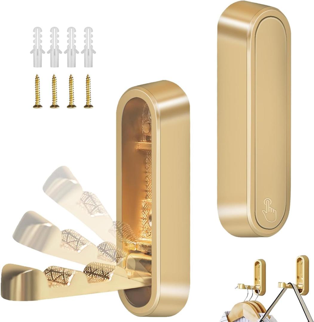 2Pack Folding Wall Hooks, 2026 Heavy Duty Zinc Alloy Bag Hooks for Wall, Closet Hooks Wall Mount, Folded 90 Foldable Wall Hooks for Hanging,Folding Coat Hooks Valet Hooks for Wall(2PCS Gold)