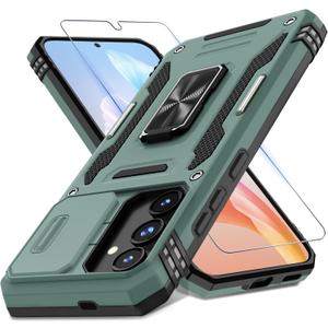 DEERLAMN Case for Samsung Galaxy S24 6.2-Inch with Slide Camera Cover+Screen Protector(1 Pack), Rotated Ring Kickstand Military Grade Shockproof Protective Cover-Green