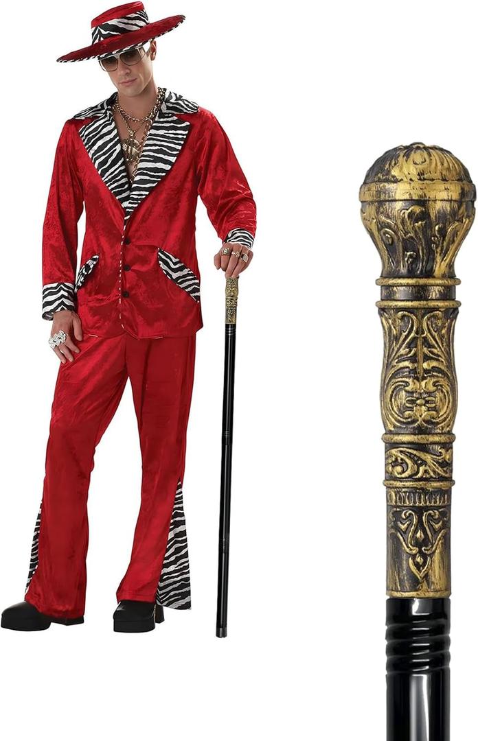Costume Pimp Cane, 42" Metal Prop Stick with Antique Gold Plastic Handle Cosplay Accessories for Halloween Dress-up Party, Suit for All Ages (Black)