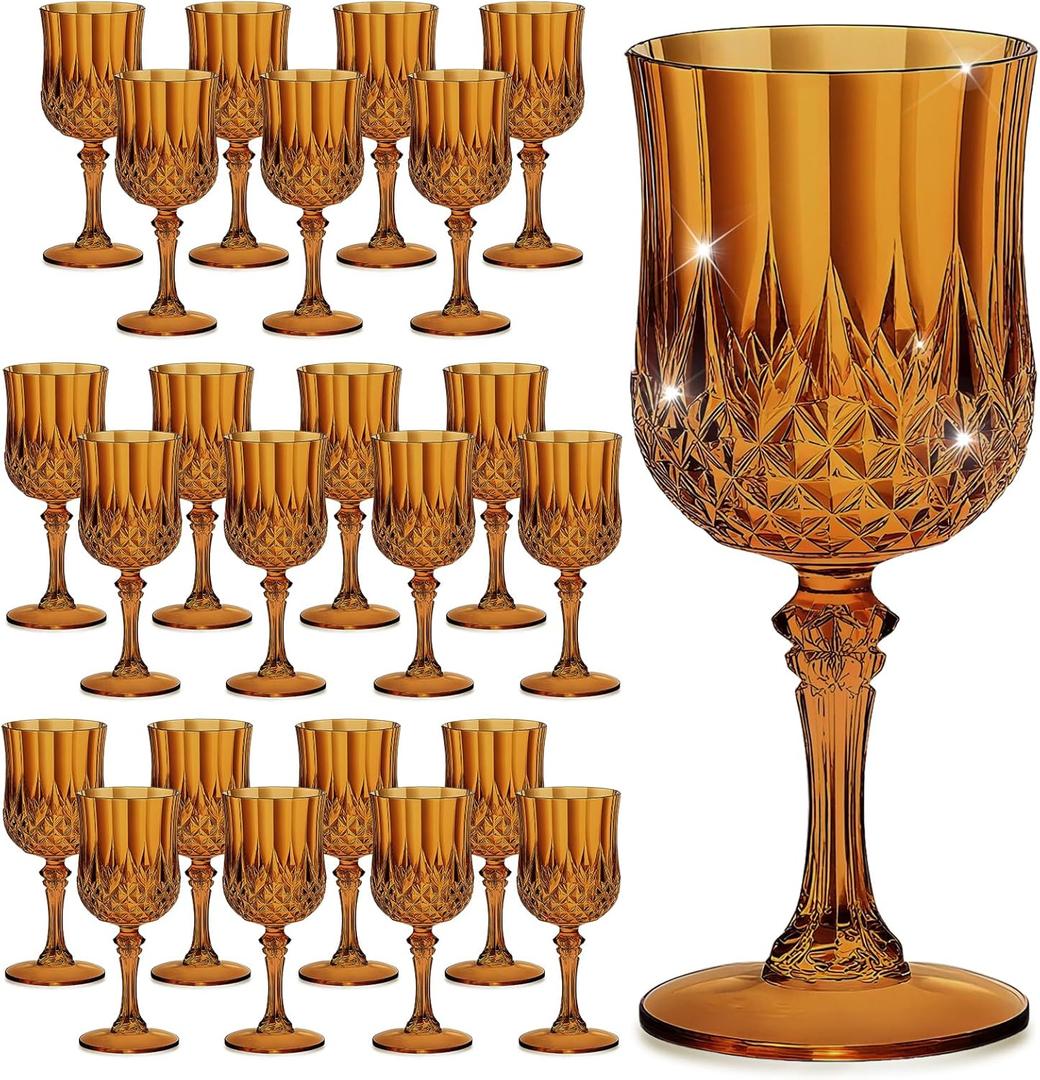 7OZ Plastic Wine Glasses, Reusable Vintage Goblets Unbreakable Drinking Glasses Crystal Water Cups Champagne for Wedding, Parties (24, Amber)