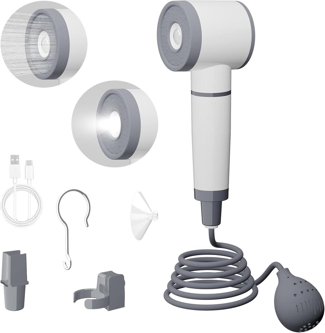 Portable Shower for Camping with Light, All-in-One Rechargeable Shower Pump with Temperature Display, LED Light, 2 Water Modes, Outdoor Portable Shower Head for Beach, Hiking, RV, Pet Wash, Large