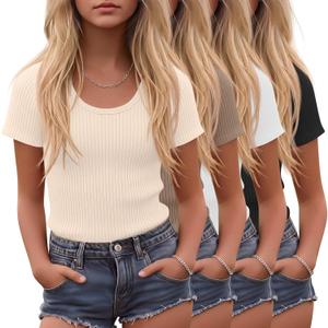4 Pack Girls' T-Shirts Short Sleeve Ribbed Knit Tops Soft Slim Fit Scoop Neck Summer Athletic Basic Tees 5-14 Years