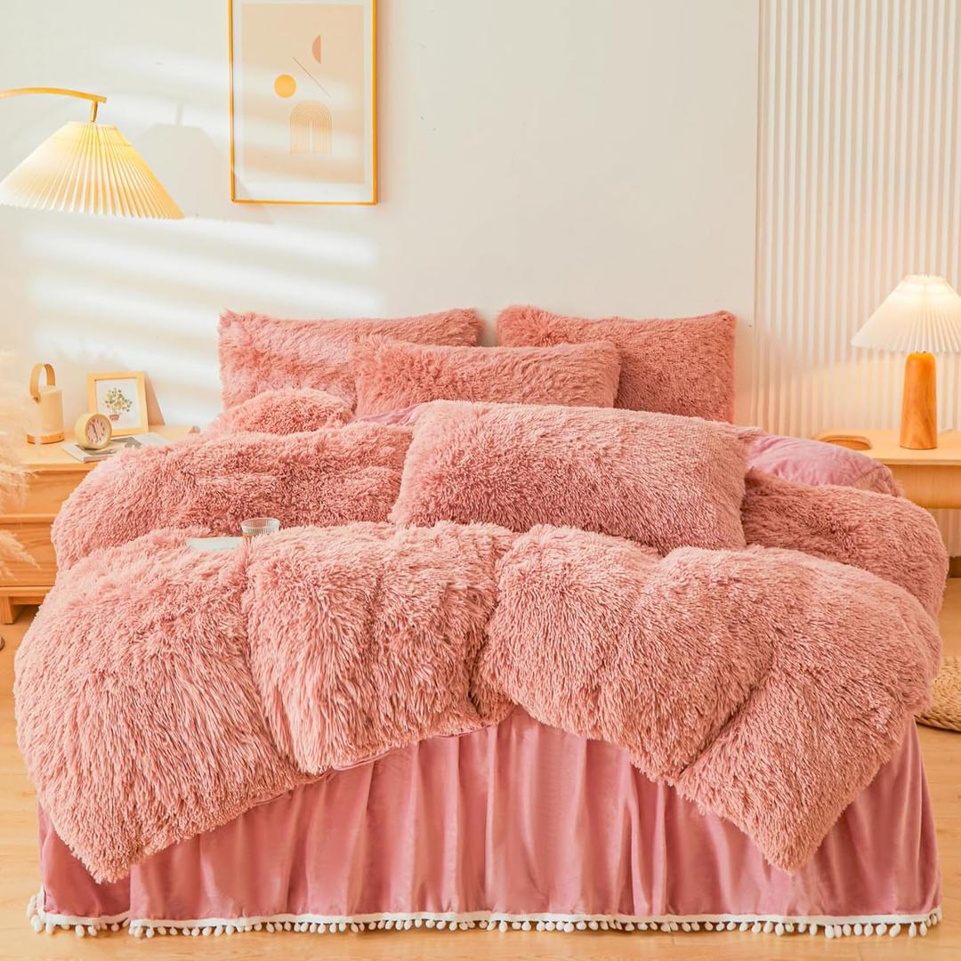 Fluffy Dusty Rose Faux Fur Comforter Cover Queen SetFluffy Fuzzy Plush Dusty Rose Bedding 3Pcs (1 Faux Fur Duvet Cover +2 Fuzzy Pillowcases) Fluffy Bed Set