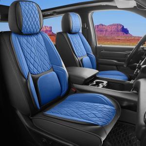 Car Seat Cover Custom Fit for Dodge Ram 1500 2500 3500 2002-2026 Faux Leather Seat Cover Set Compatible with Crew Quad Regular Cab Pickup Truck Cushions (Black & Blue, Full Set, Curved Rear)