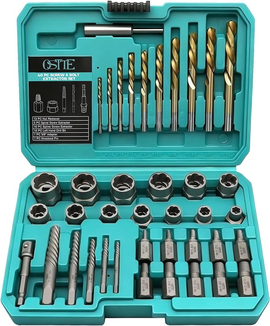 Bolt Extractor Kit & Screw Extractor Set, 40 Pcs with Left Hand Cobalt Drill Bits & Easy Out for Removal of Broken, Stripped, Rusted, Frozen, Rounded-Off Screws, Bolts, Studs, Nuts