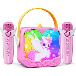 Unicorn Karaoke Machine with Wings & Castle Lights,2 Gem Microphones&5 Magic Voice,Mini Bluetooth Speaker,Princess Toys Gifts for 3 4 5 6 7 8 9 10 11 12 Year Old Girls Age 3-12 Easter Basket Stuffers