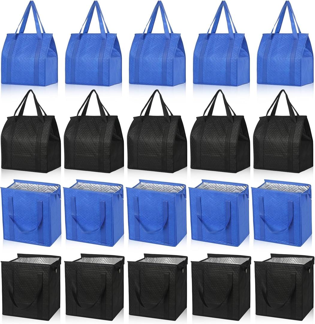 20 Pcs Insulated Shopping Bags for Groceries with Zipper & Handles, Large Foldable Cooler Bags for Hot & Cold Food (Black/Blue)