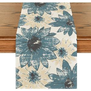 Artoid Mode Blue Retro Daisy Spring Table Runner, Seasonal Vintage Kitchen Dining Table Decoration for Home Party Decor 13x120 Inch