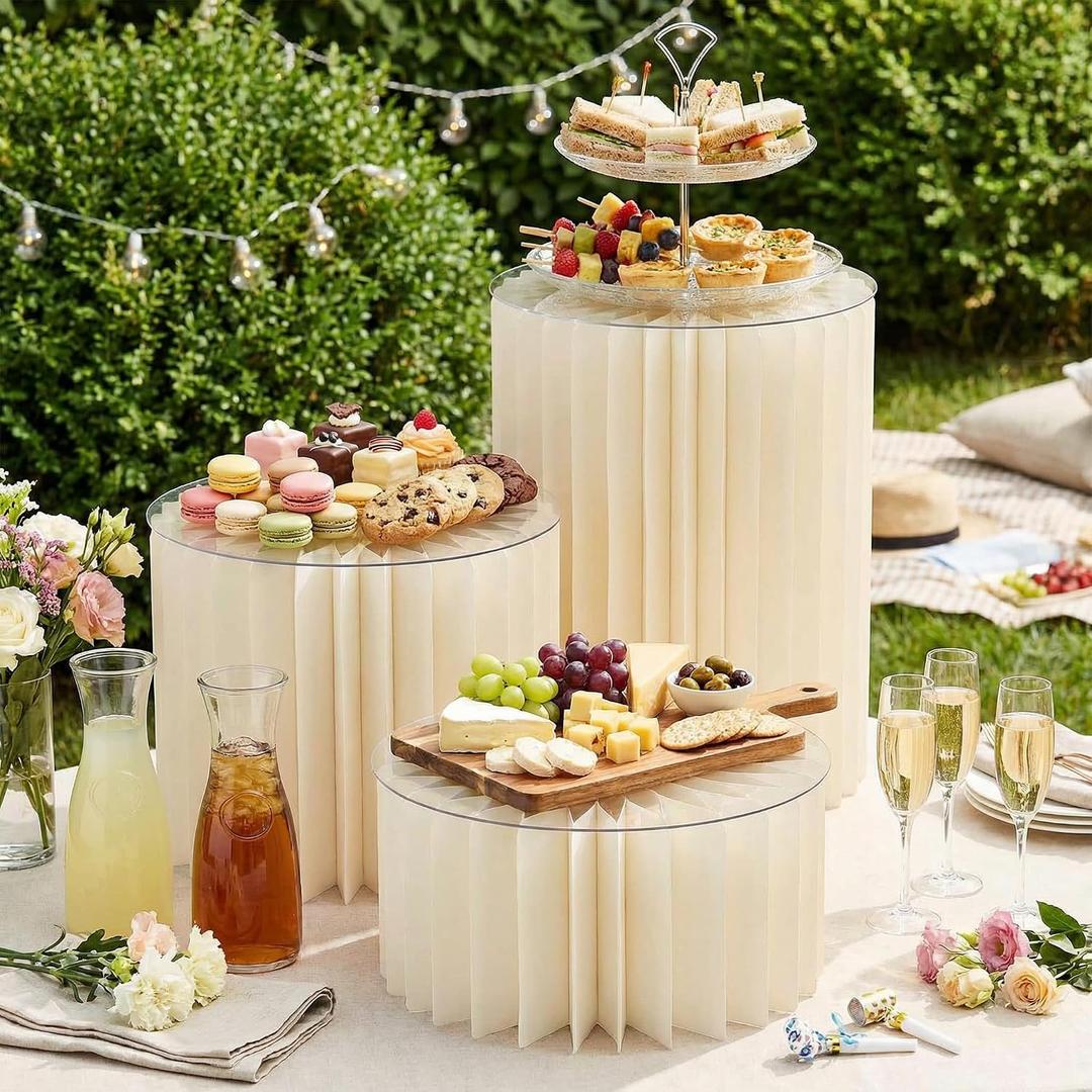 3PCS Cylinder Stands for Party with Acrylic Plates, Foldable Cylinder Pedestal Stand, Buffet Risers, Food Risers for Buffet Table, Weddings, Baby Showers, Birthday, Events Centerpieces Decor (5.9"+9.8"+15.7")