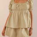 Tankaneo Womens 2 Piece Outfits Summer Square Neck Short Puff Sleeve Babydoll Tops and Shorts Matching Set (Beige, M)