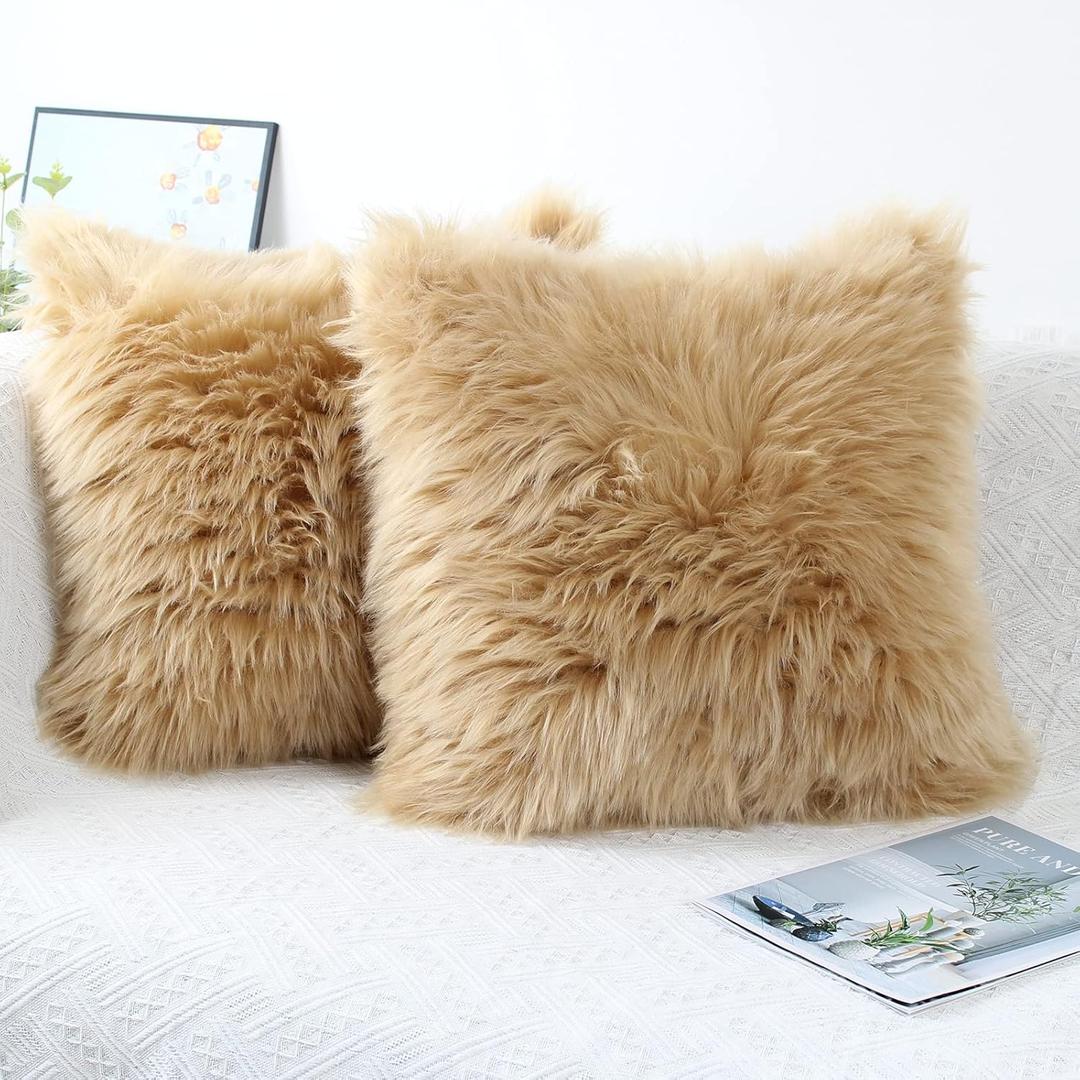 OYIMUA Fluffy Decorative Throw Pillow Covers Beige 1818, Faux Fur Farmhouse Luxury Pillow Cases,Soft Plush Fuzzy Cushion Covers for Sofa Couch Living Room Bedroom Set of 2