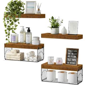 4 Pack Wall Mounted Rustic Wood Floating Shelves with 2 iron Hanging Baskets, Bathroom Shelves Over Toilet, Toilet Paper Storage, Farmhouse Decor Hanging Shelf for Living Room, Kitchen, 16 Inch, Brown