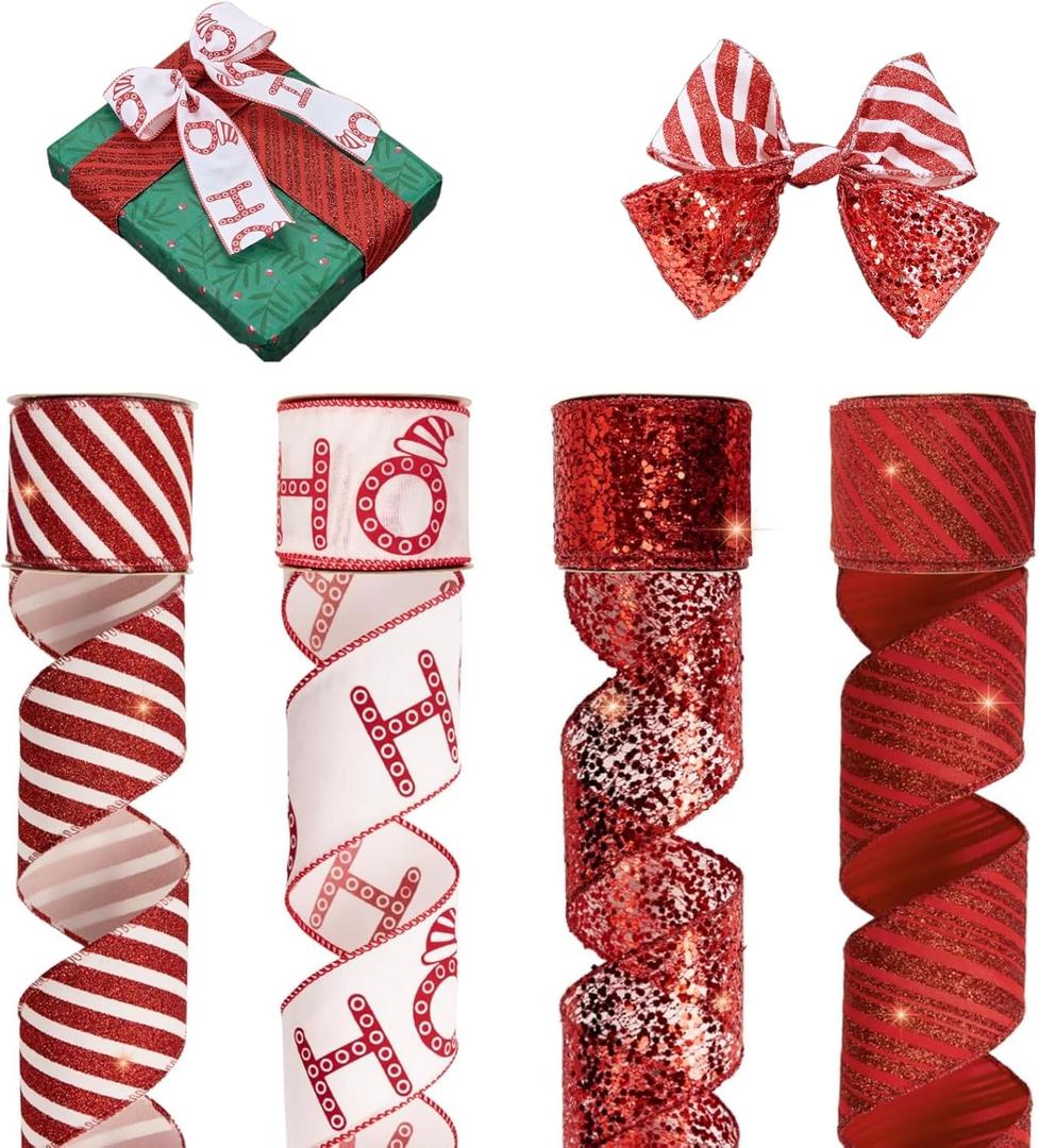 PAPER FAIR 4 Rolls 32 yd Red Glitter Candy Cane Christmas Wired Ribbon Set, 2.5 inch x 8yd Sequin Satin Burlap Ribbon for Xmas Tree Dcor, Gift Wrap Box, Bows, Wreath, Garland, Floral DIY Craft