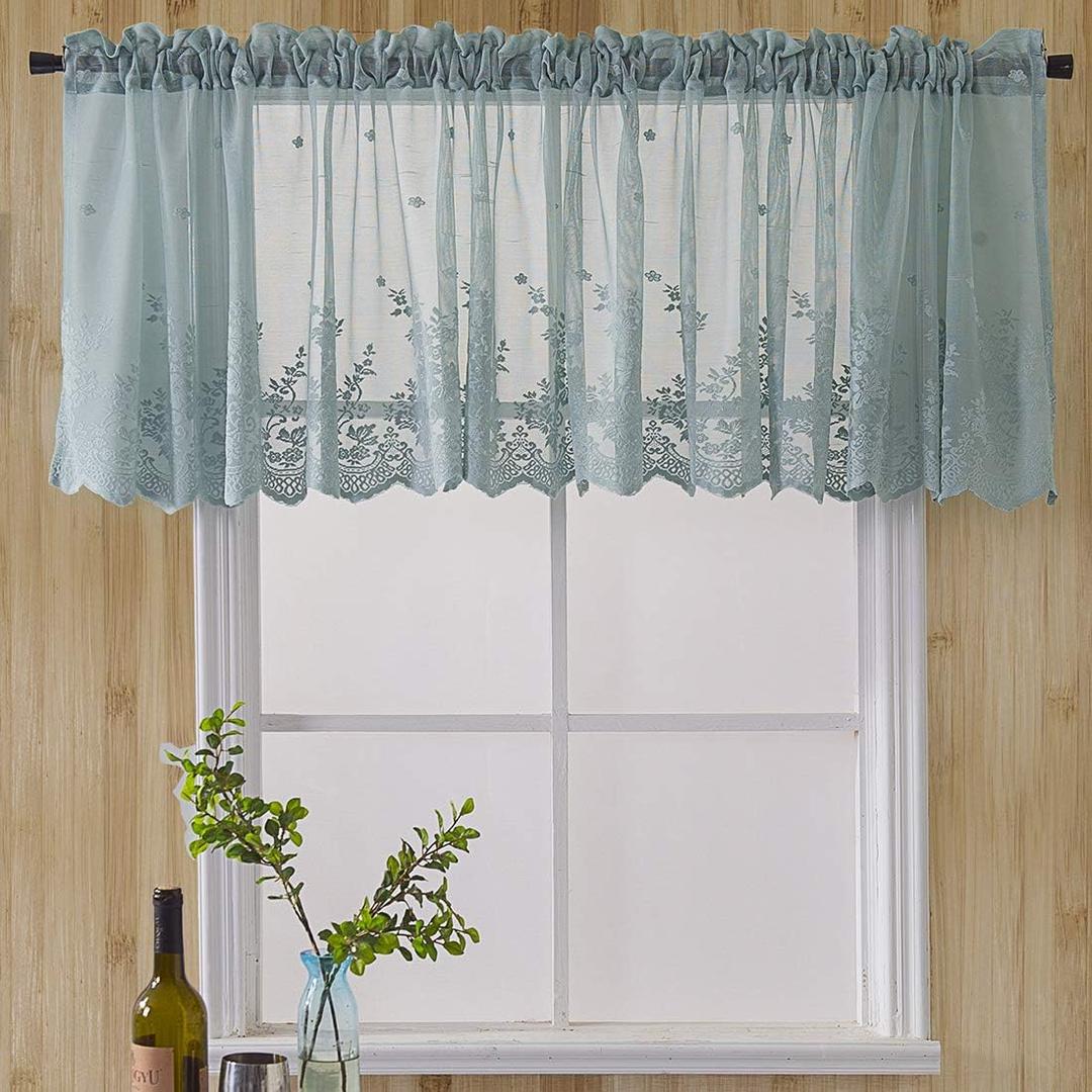 vctops Lace Sheer Kitchen Cafe Curtain Valance Floral Embroidered Rod Pocket Short Curtain for Small Window 1 Piece (51" x 16", Blue)