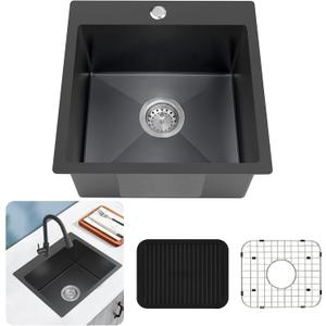 Black Kitchen Sink, Stainless Steel 18 x 18 Inch Top Mount Kitchen&Bar Sink Single Bowl Drop In Sink Set - Stainless Grid, Silicon Mat, Retracable Basket For Modern Stylish Kitchen