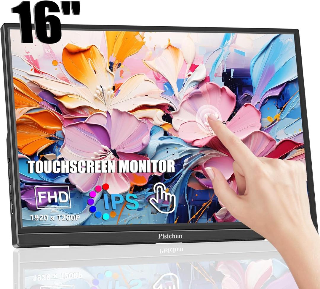 Portable Monitor Touchscreen 16 Inch FHD 1920x1200P HDMI USBC Travel Touch Screen Monitor IPS Display for PC Laptop Computer Ras Pi, 300cd/, Built-in Speakers