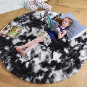 Amdrebio Black White Grey Round Rug 4Ft Circle Area Rugs for Bedroom Living Room, Fluffy Fuzzy Shaggy Furry Rugs for Kids Room Dorm Home Office, Shag Plush Floor Modern Cool Carpet for Men Teen Boys