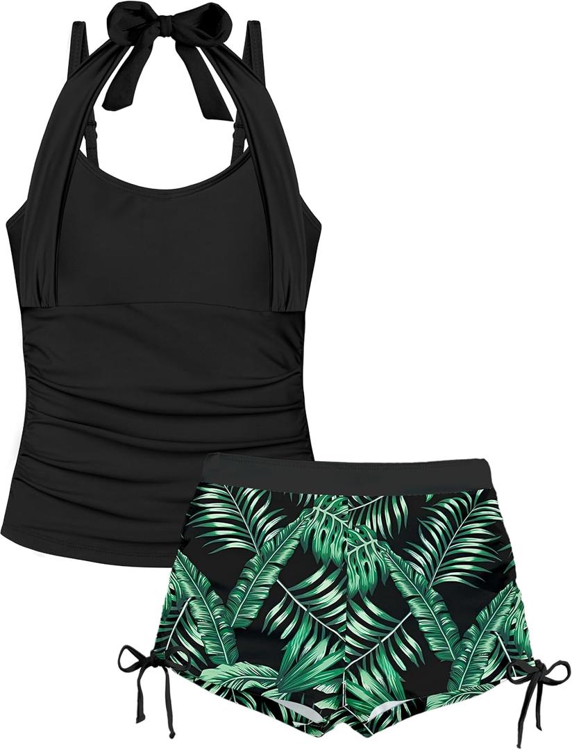 Girls Swimsuit 2 Piece Halterneck Girls Tankini Swimsuit Drawstring Printed Swim Shorts Girl Bathing Suit for 7-16T (9-10 Years, Black+green)