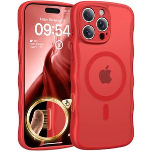 TAURI Magnetic for iPhone 16 Pro Case, Cute Wavy Design [Full Camera Protection] [Compatible with Magsafe] Anti-Slip Translucent Matte Case for iPhone 16 Pro for Women Girls, Bright Red