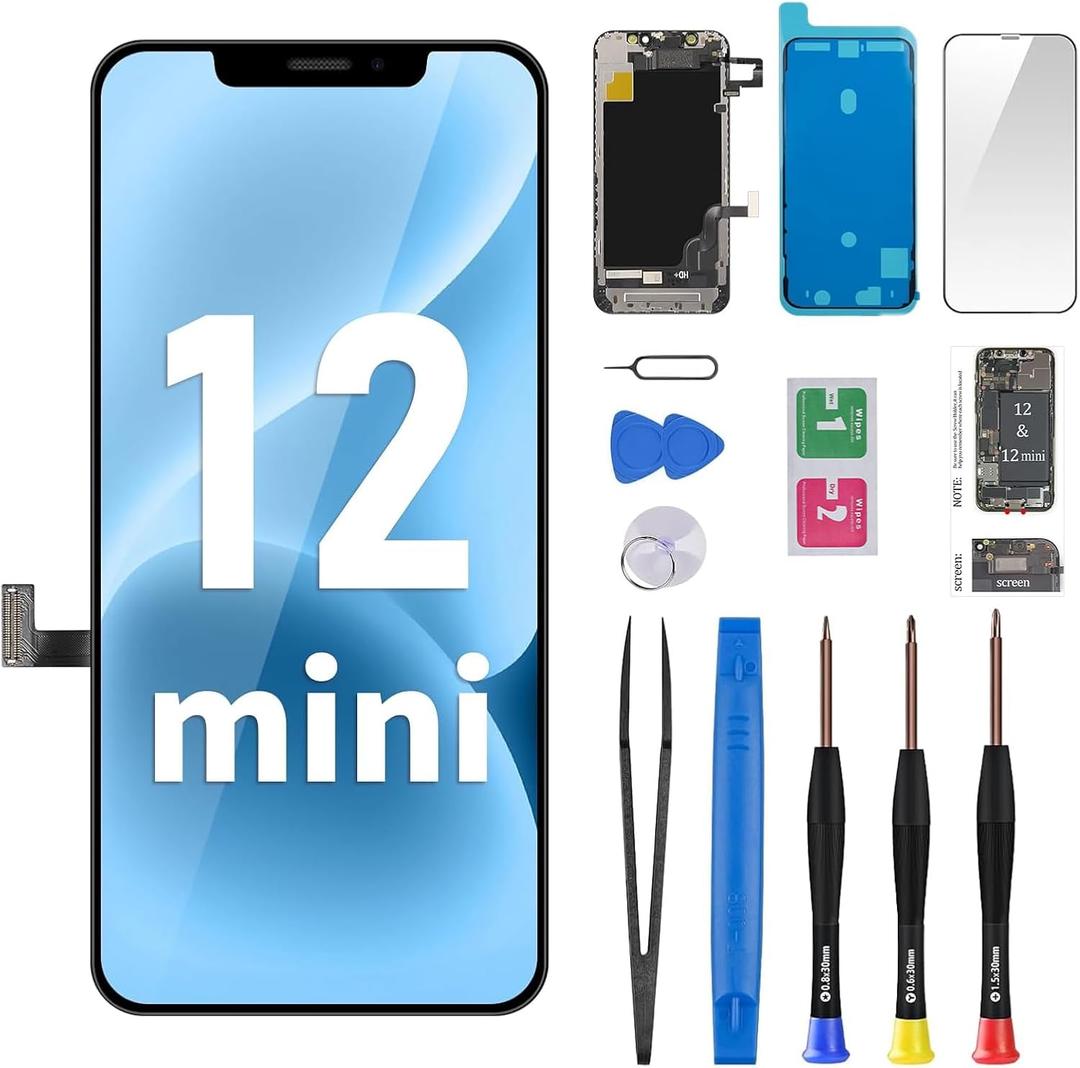 for iPhone 12 Mini Screen Replacement with Earpiece 5.4" LCD Display 3D Touch Digitizer Proximity Sensor Assembly Full Repair Tool Kit Magnetic Pad Waterproof Seal A2176 A2398 A2399 A2400