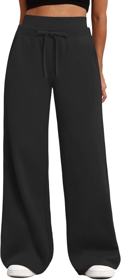 HeSaYep Women's Wide Leg Sweatpants Double Waisted Baggy Sweat Pants with Pockets (Large, Black)