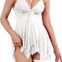 Bow Sexy Lingerie For Women Floral Lace Babydoll Nightdress Women'S Sleepwear Chemise Nightwear (White, M)