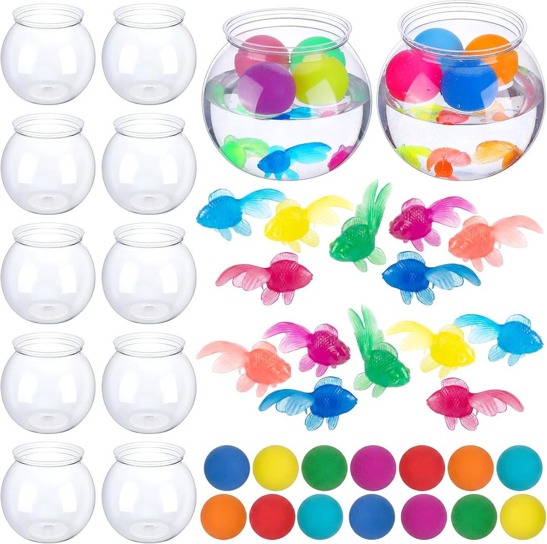 Jingmore 12 Set 30 oz Table Tennis Fish Bowl Carnival Game Favors with Bounce Round Bowls Multicolor Balls Gold Plastic Fish for Adults Carnival Game Party Activity Prizes