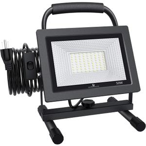 GLORIOUS-LITE 50W LED Work Light, 5000LM LED Flood Lights, 400W Equivalent, IP66 Waterproof, 16ft 5m Cord with Plug, 6500K, Adjustable Working Lights for Workshop Garage, Construction Site (8.22x6.02x7.09inch)