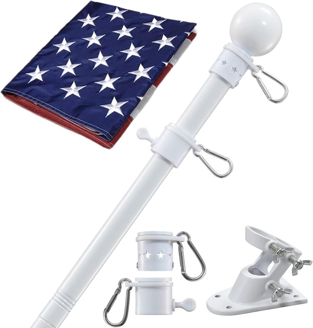 House Flag Pole With American Flag - Flagpoles Residential Kit with 6ft Tangle Free Metal Flag Pole,3x5 Embroidered US Flag,Holder Bracket,Heavy Duty Flag Poles for Outside House,Porch,Outdoor-White