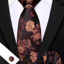 Barry.Wang Flower Ties for Men Silk Woven Floral Tie Sets Necktie Handkerchief Cufflinks Wedding Party (Burnt Orange)