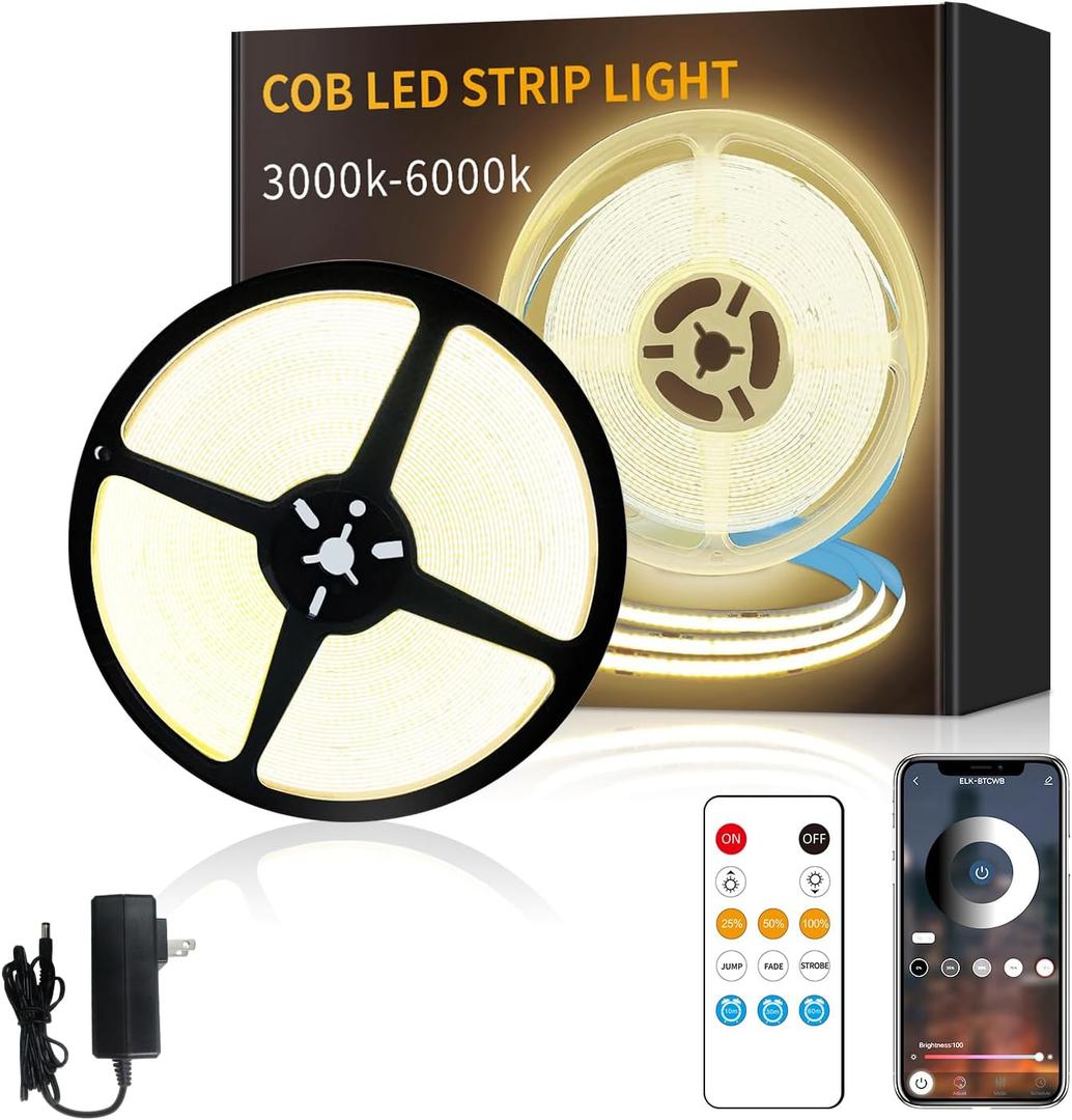 COB LED Strip Lights 50ft,3000K DC 24V Dimmable Warm White Flexible LED Rope Lights for Bedroom,with Remote and app Control LED Lights Strip for Living Room, Shelf, Cabinet