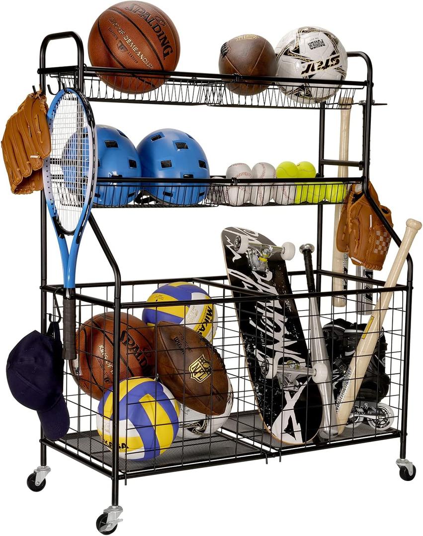 Garage Sports Equipment Organizer, Ball Storage Rack, Toy Storage, Nerf Gun Organization on Wheels for School, Garage, Black, Steel