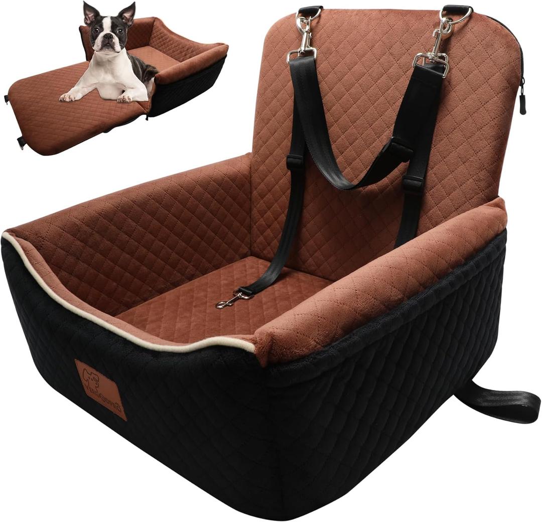 Dog Car Seat Bed 2 in 1 for Small/ Medium Dogs up to 35 lbs, Adjustable Safety Leashes, Memory Foam with Soft Fabric Pets Travel Car Bed, Easily Installed in Front and Back seat, Removable and Washable