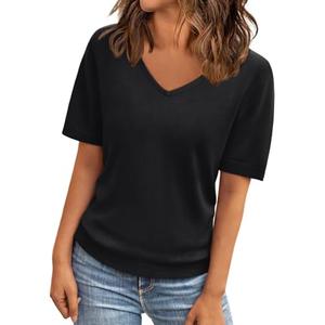 LILLUSORY Womens Short Sleeve Sweaters V Neck Tops Business Casual Lightweight Knit Comfy Blouses Summer Fashion Outfits 2025 Black L