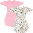 ZIGJOY Shark-Fin Transition Swaddle - 1.0 Tog Baby Sleep Sack Soft Cotton Transitional Swaddle Baby Wearable Blanket with 2-Way Zipper for All Seasons, Pink&Flower, 6-12 Months