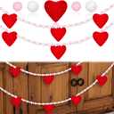 2 Pcs 6.5 FT Valentine's Day Garland Decorations Galentines 3D Red Velvet Heart Pom Poms Valentine Garland Pink White Fluffy Ball Pompoms Hanging Banners for Mantle Home Wedding Party Decor