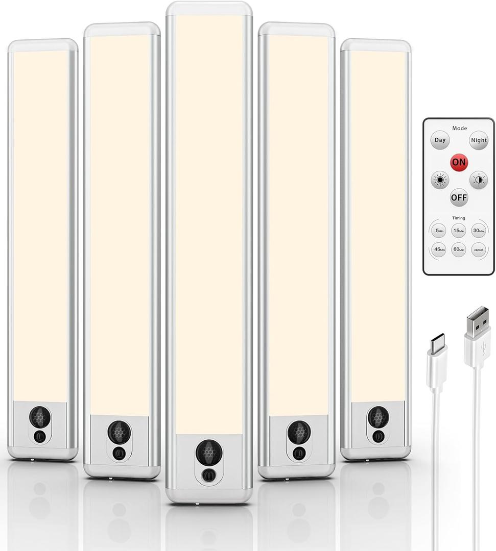 EZVALO 5 Pack Under Cabinet Lighting, Rechargeable Motion Sensor Light, LED Closet Lights Wireless, 3500K Dimmable, Timer, Magnetic, with Remote Control for Kitchen, Closet, Stair (Warm White)