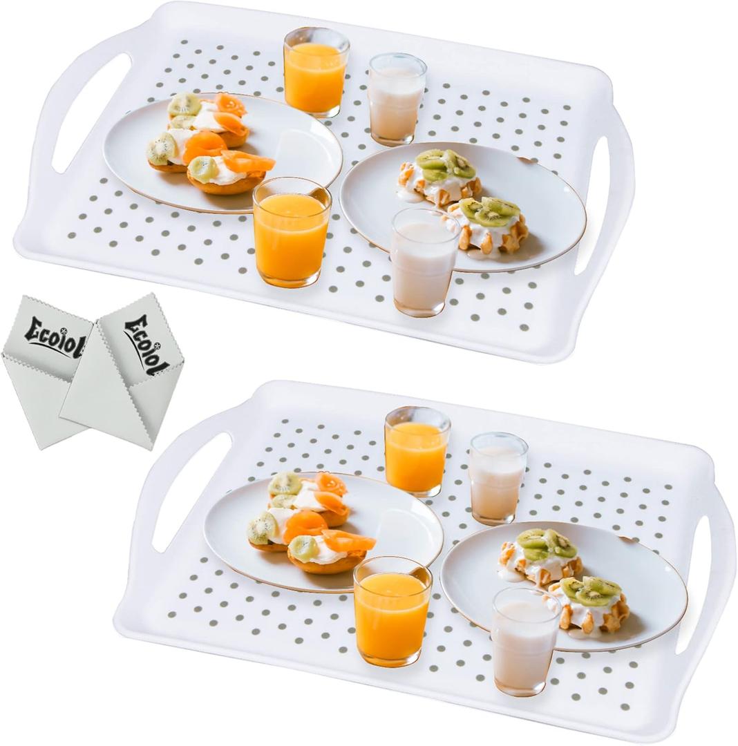 ECOIOU Non Slip Food Serving Tray with Handles, Rectangle Anti-Slip Non-Toxic Dishwasher Safe Tray for Snack Fruit Dessert Breakfast Drink Come with Cleaning Cloths, White